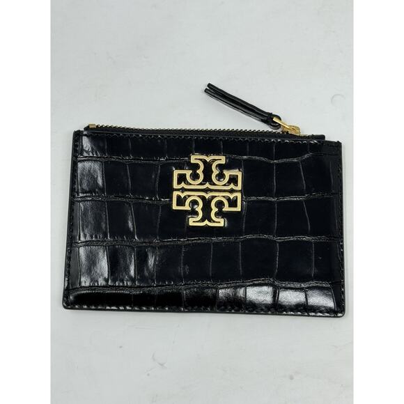 Tory Burch Britten Croc Leather Zip Card case in Black - Picture 1 of 5